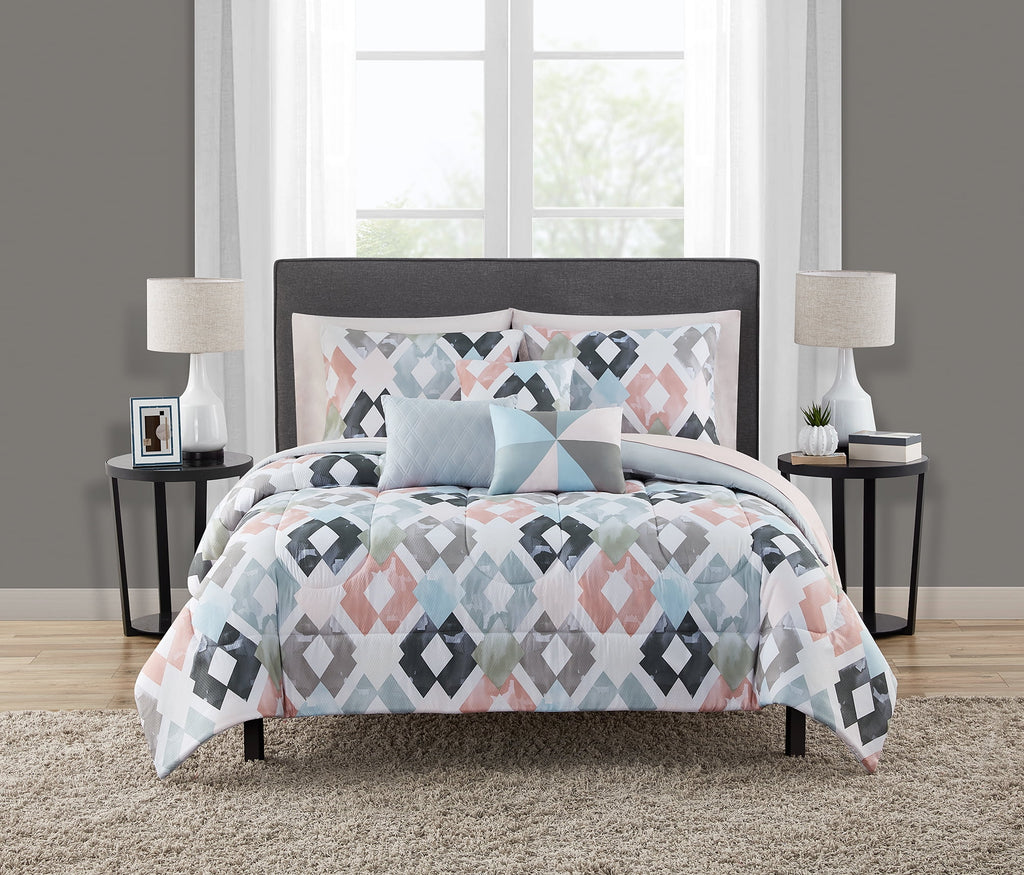 Reversible Marble Diamond 8-Piece Bed in a Bag Bedding Set, Twin/Twin XL