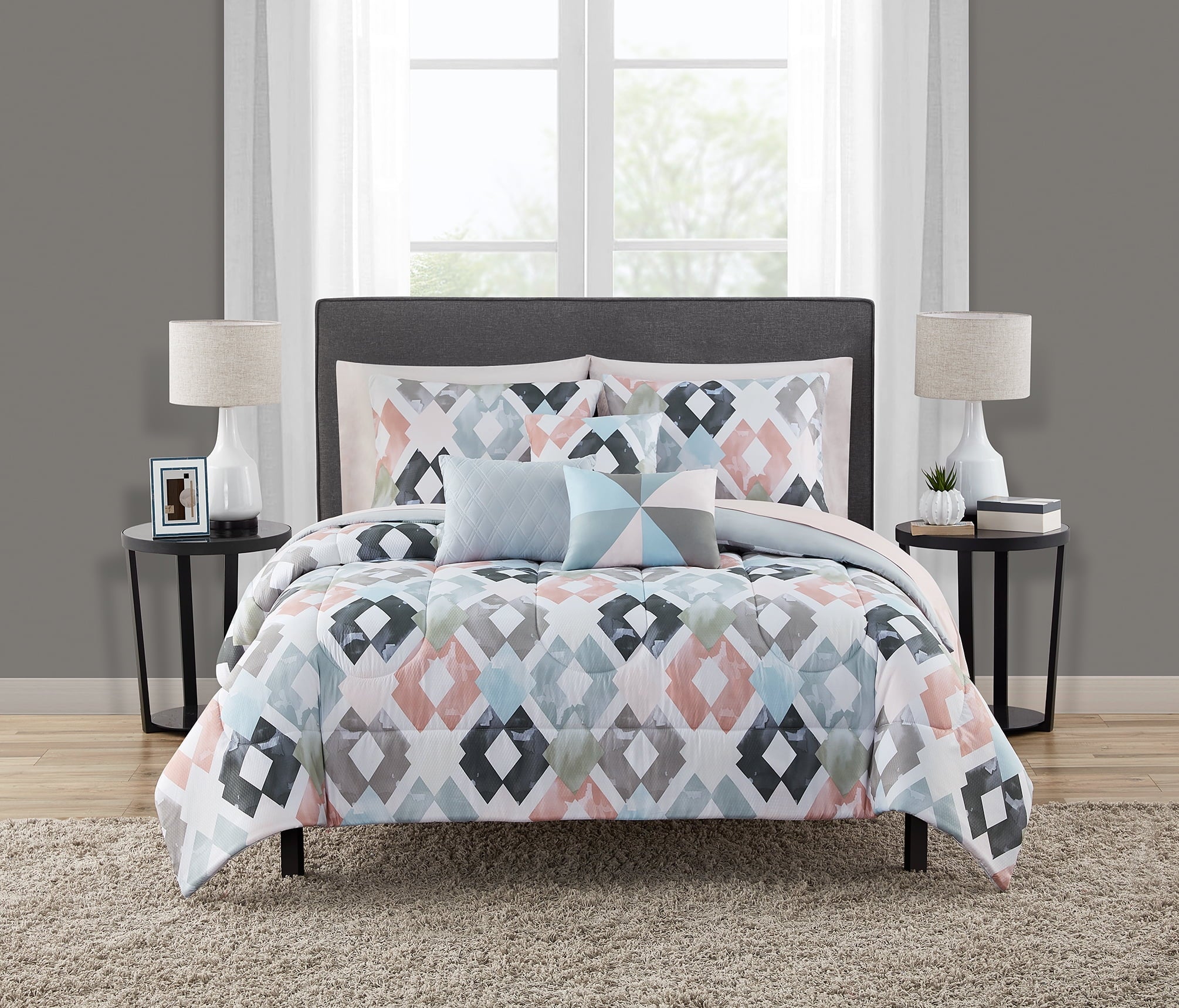 Reversible Marble Diamond 8-Piece Bed in a Bag Bedding Set, Twin/Twin XL