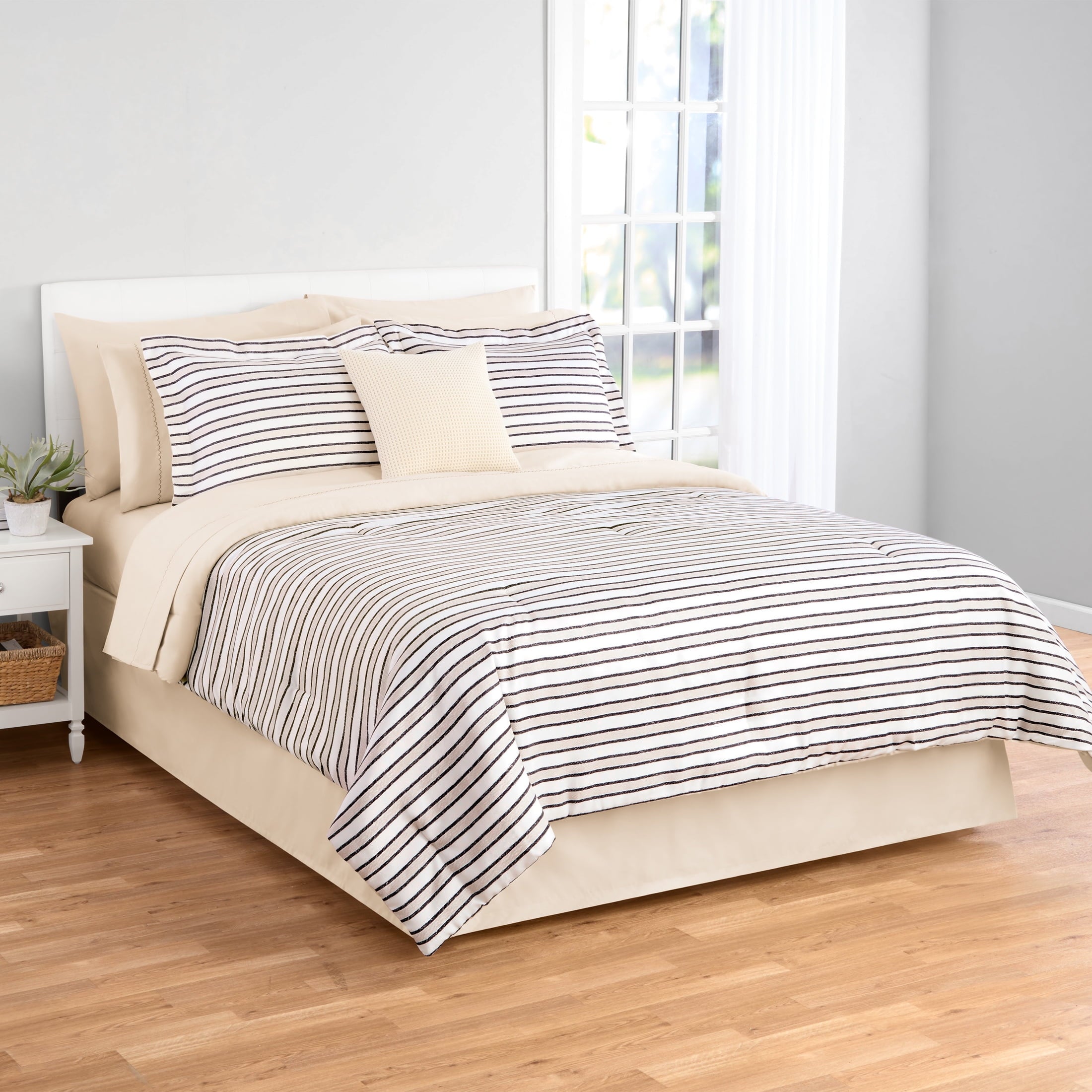 Soft Touch Bed in a Bag 11-Piece Reversible Tan & Black Striped Comforter Set with Sheets, Queen