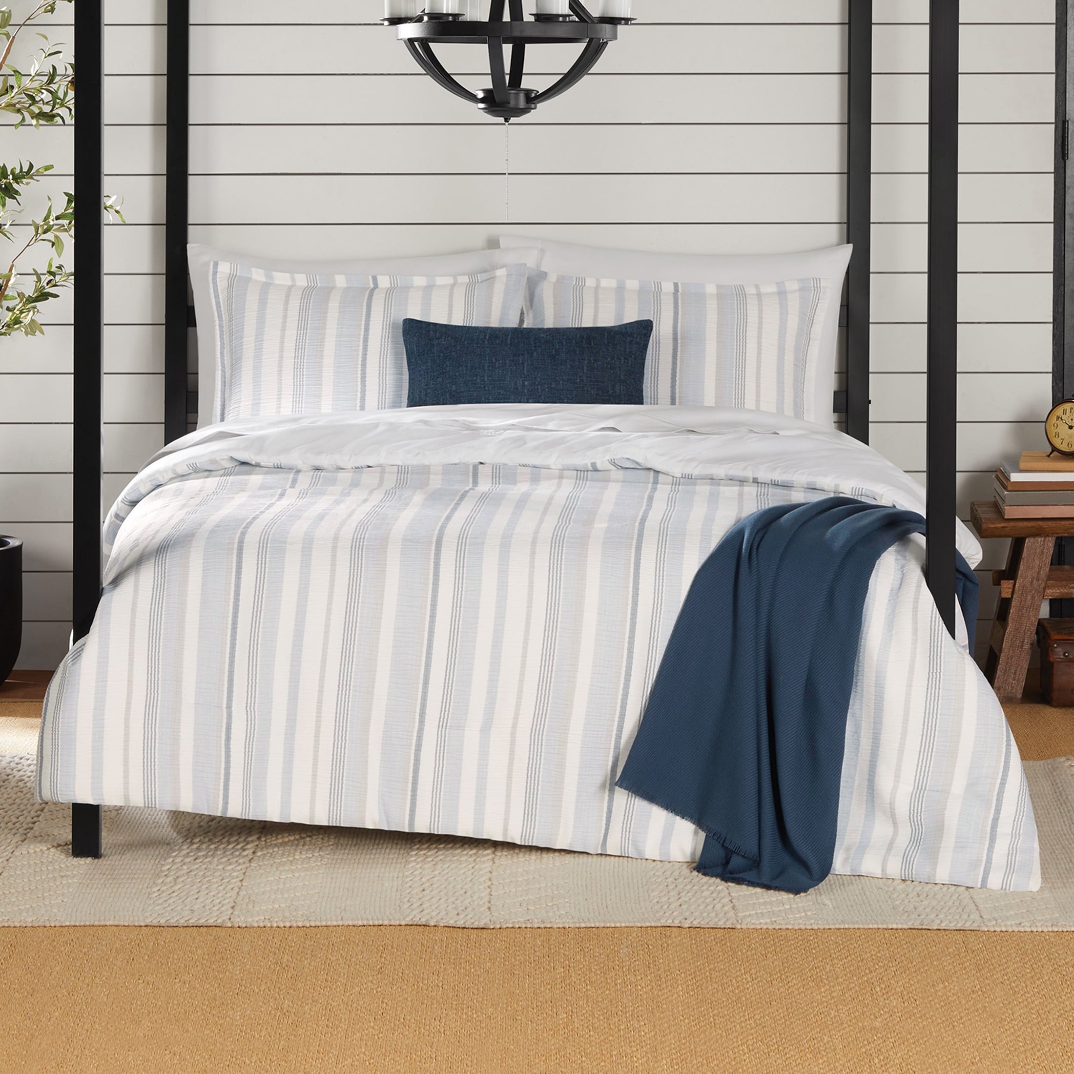 Mainstays Full/Queen Comforter Set, All-Season, 5-Piece, Blue Yarn Dyed Stripe