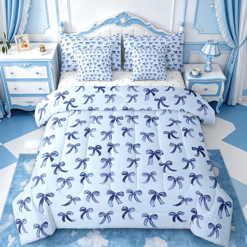 Cute Bowknot Twin Bedding Sets 7-Piece,Girls Ribbon Bow Bedding Comforter Set,Dreamy Blue Sheet Sets For Girls,Super ...