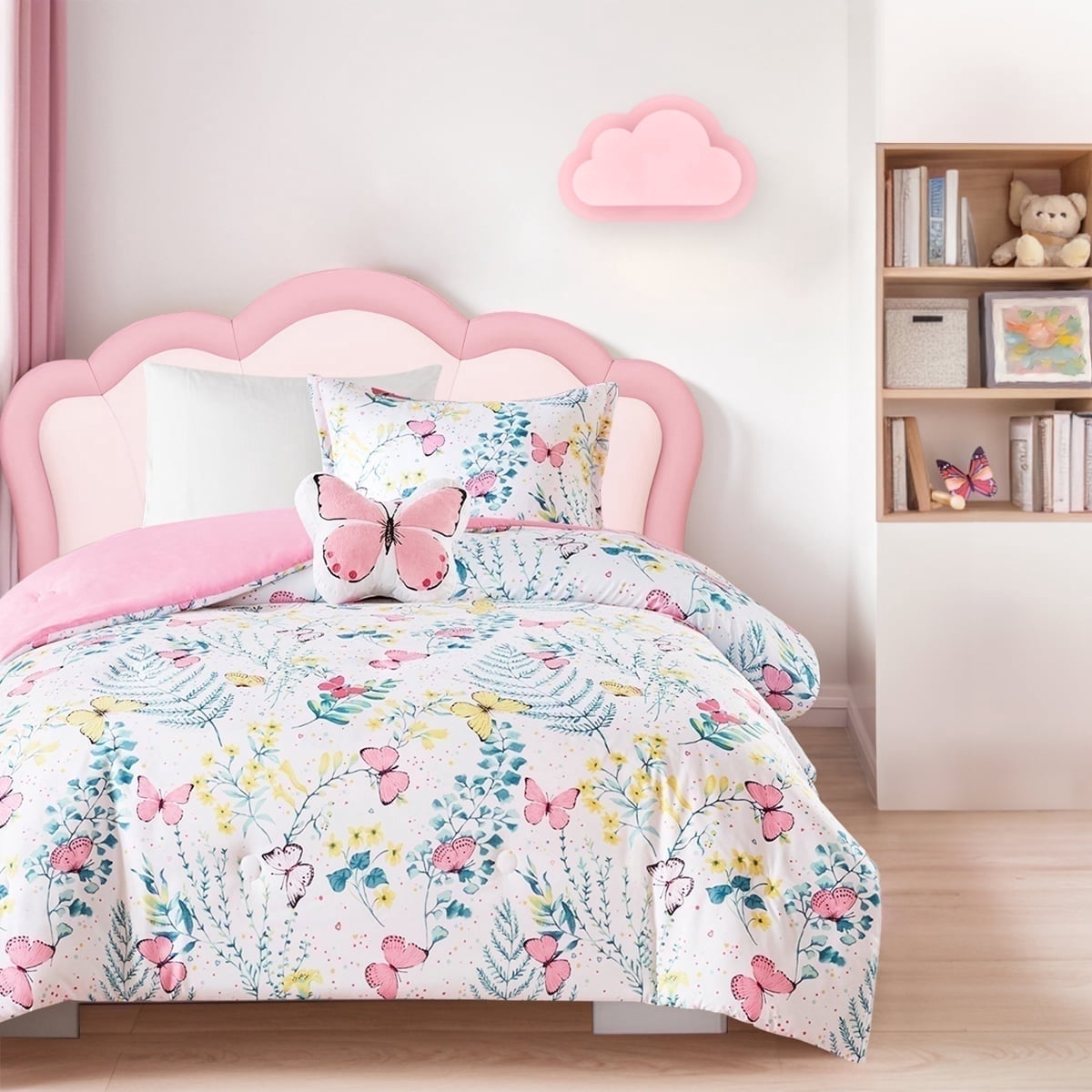 Full/Queen Size Comforter Sets, 4-Piece Kids Bedding Set for Girls, Butterfly Floral Comforter Bed Set, White/Pink
