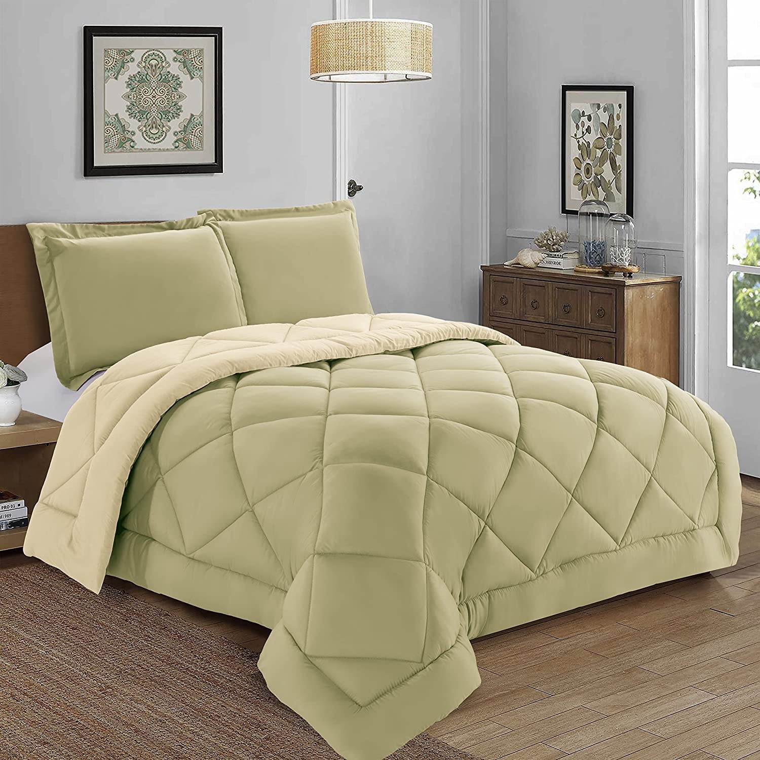 Mocassi 3-Piece Comforter Set - Reversible, Box Stitched Down Alternative, King/California King, All Season Suitable, Sage/Cream