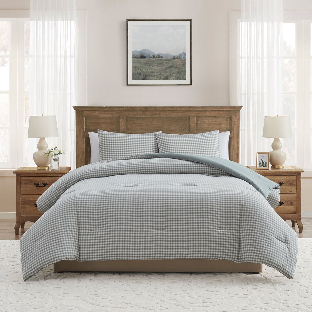 Full/Queen Comforter Set, All-Season, 3-Piece, Green Gingham Plaid