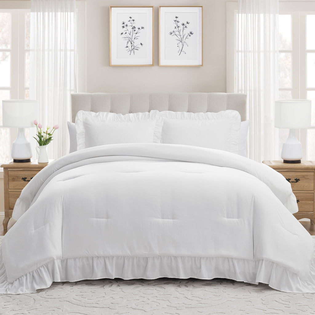 Full/Queen Comforter Set, All-Season, 3-Piece, White Ruffle