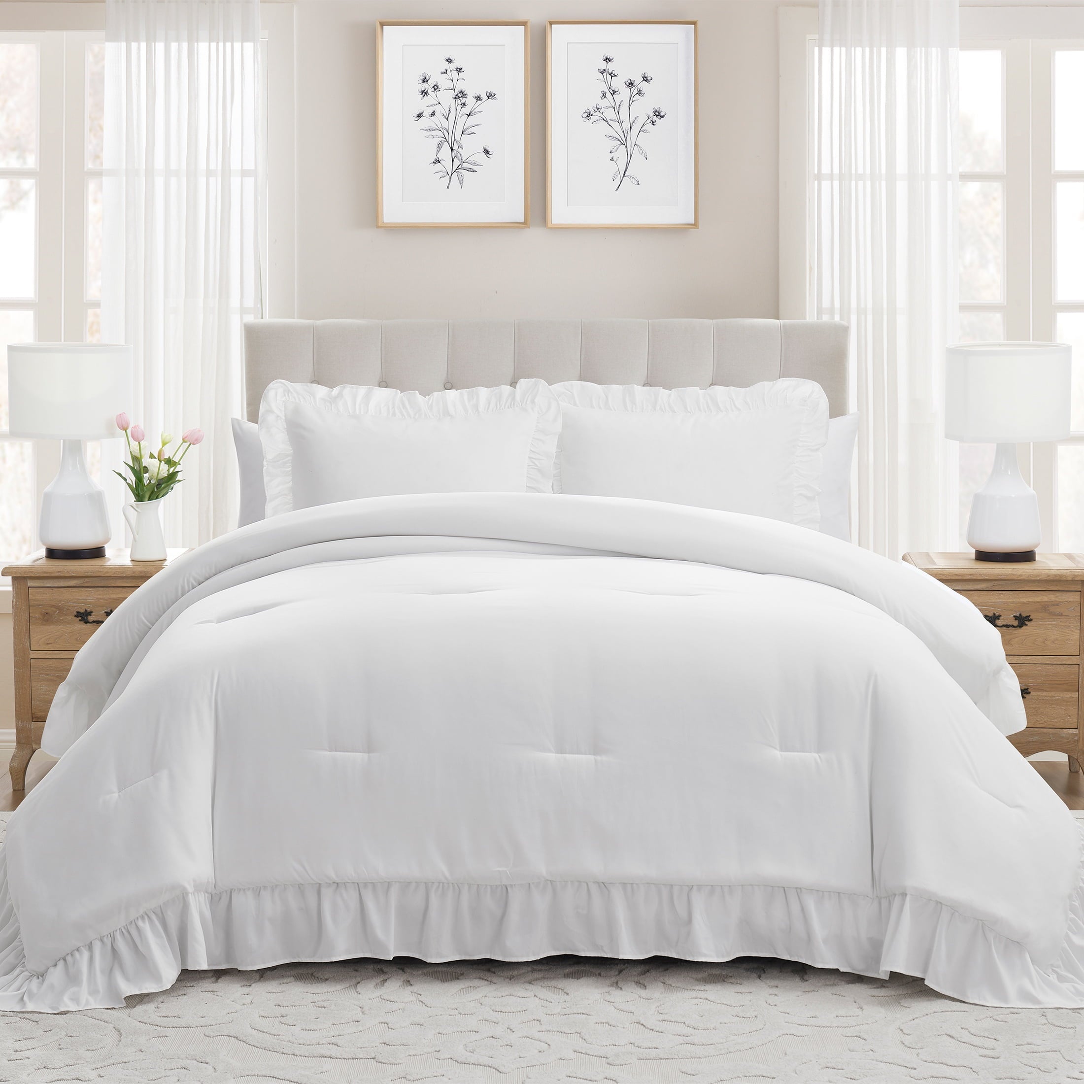 Full/Queen Comforter Set, All-Season, 3-Piece, White Ruffle