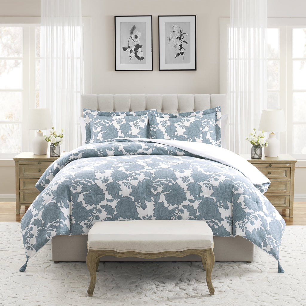 My Texas House Veronica 3-Piece Blue Floral Cotton Slub Comforter Set, King