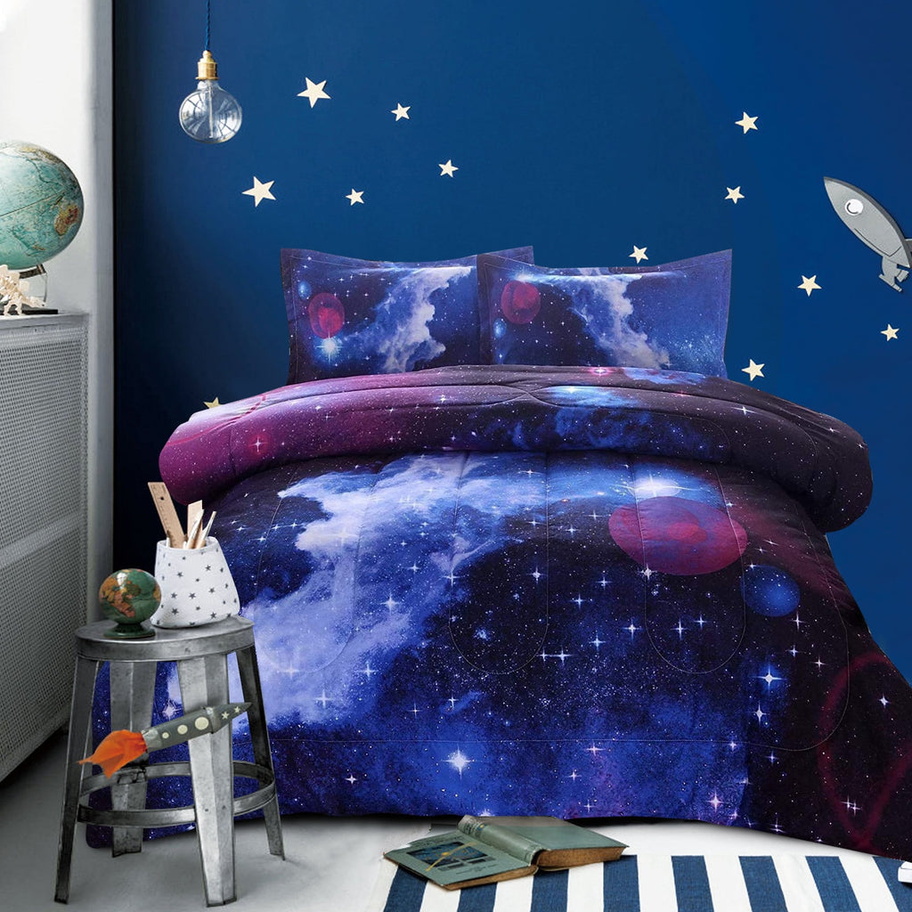 Galaxy Bedding Sets Outer Space Comforter 3D Printed Space Quilt Set Full Size for Kids Blue