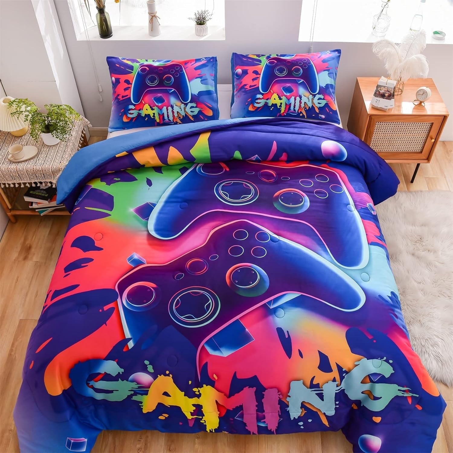 NTBED Purple Queen Gaming Comforter Sets for Boys Kids Bedding Sets Colorful Games Console Gamer Quilt Set