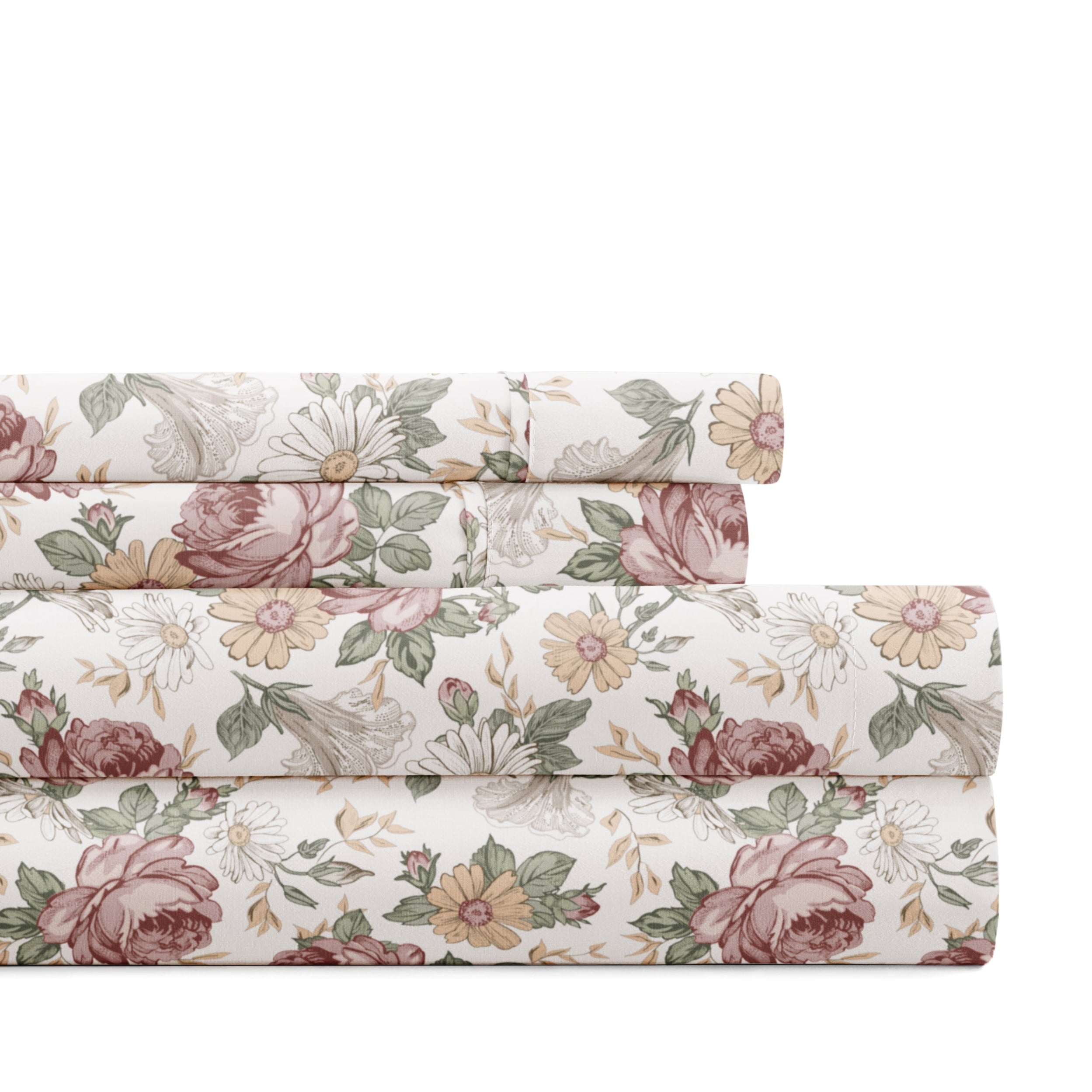 4 Piece Pattern Microfiber Bed Sheets Set, Blooming Floral Rose, Queen