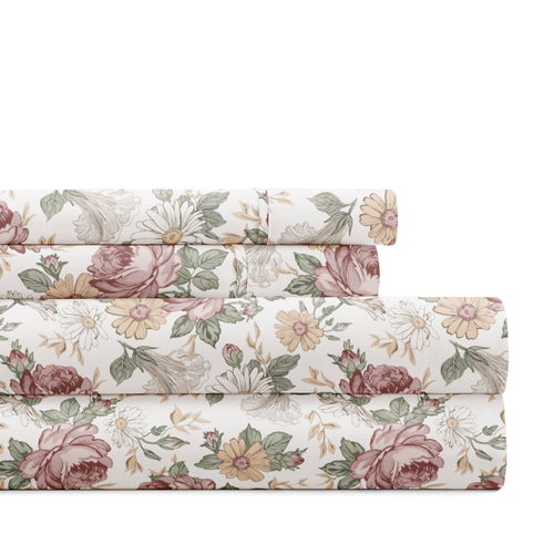 4 Piece Pattern Microfiber Bed Sheets Set, Blooming Floral Rose, Queen