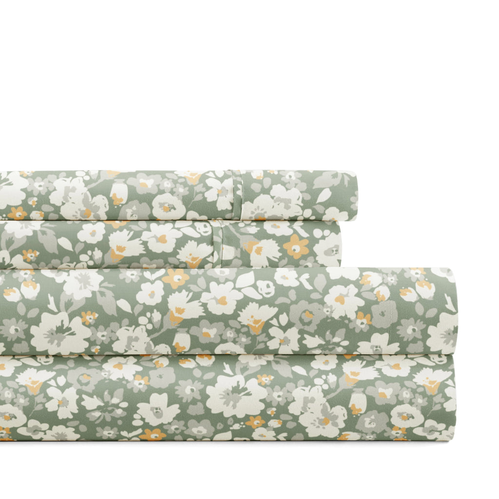 4 Piece Pattern Microfiber Bed Sheets Set, Floral Dream Eucalyptus, Twin