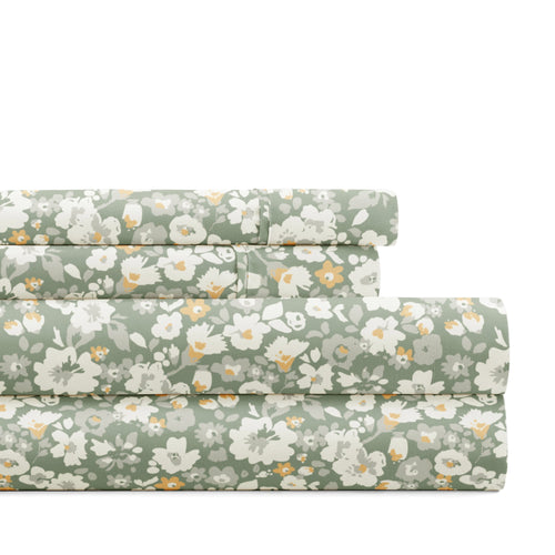 4 Piece Pattern Microfiber Bed Sheets Set, Floral Dream Eucalyptus, Twin