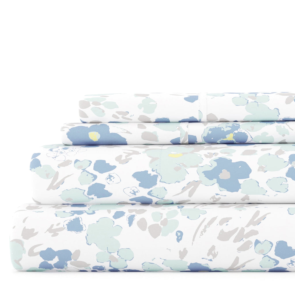 4 Piece Pattern Microfiber Bed Sheets Set, Light Blue Violets, Full