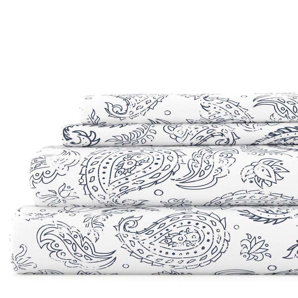 4 Piece Pattern Microfiber Bed Sheets Set, Navy Coarse Paisley, Full