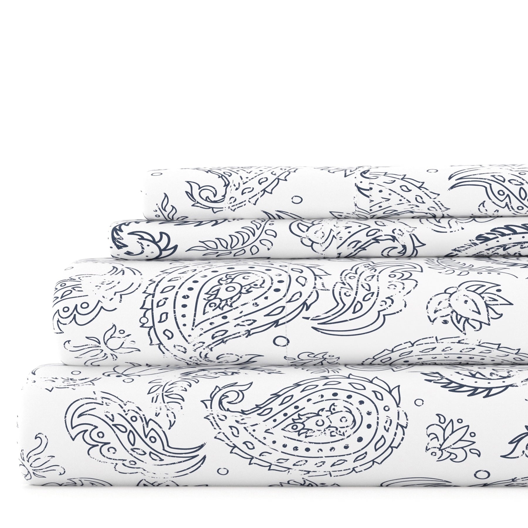 4 Piece Pattern Microfiber Bed Sheets Set, Navy Coarse Paisley, Full