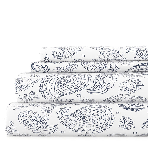 4 Piece Pattern Microfiber Bed Sheets Set, Navy Coarse Paisley, Full