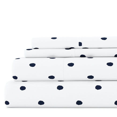Noble Linens 4 Piece Pattern Microfiber Bed Sheets Set, Navy Dots, California King
