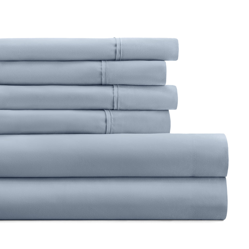 Queen, Light Blue Solid Microfiber 6 Piece Bed Sheet Set