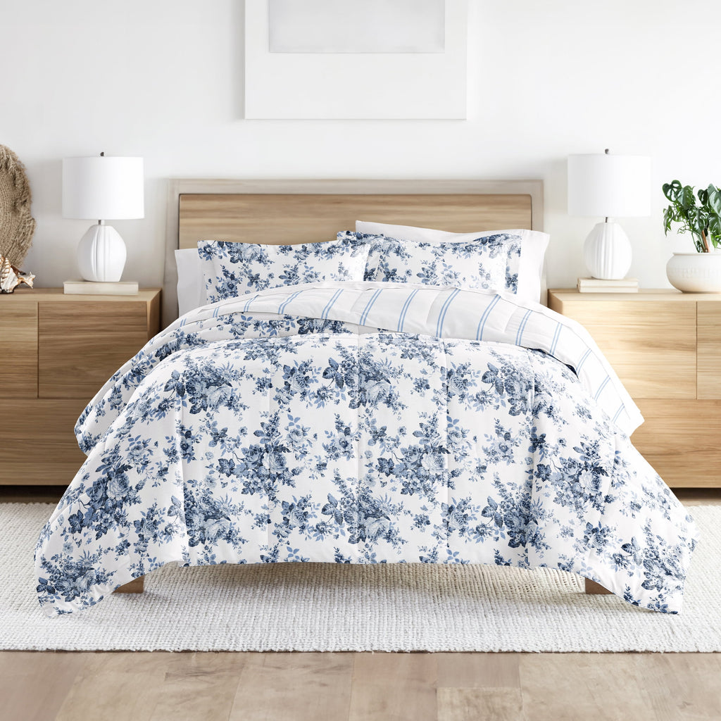 Noble Linens Down Alternative Cabbage Rose Stripe Stone Reversible Comforter Set