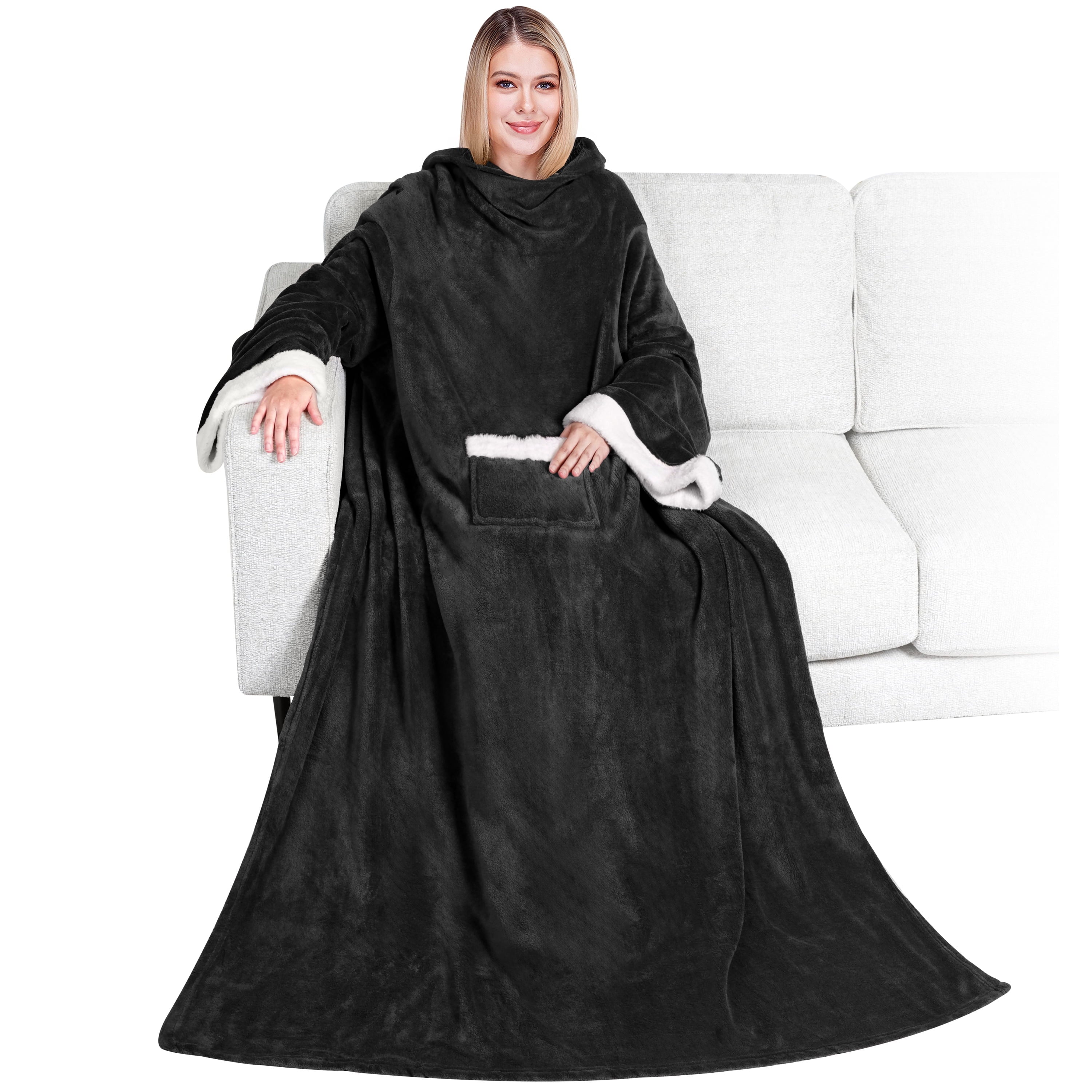 PAVILIA Fleece Blanket with Sleeves for Women Men Adults, Wearable Blanket Warm Soft Plush, Snuggle Pocket Sleeved TV Throw Wrap, Cozy White