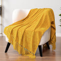 PAVILIA Mustard Yellow Chenille Throw Blanket for Couch, Soft Gold Knit Blanket with Tassel Fringe, Woven Chenille Knitted Decorative Blanke