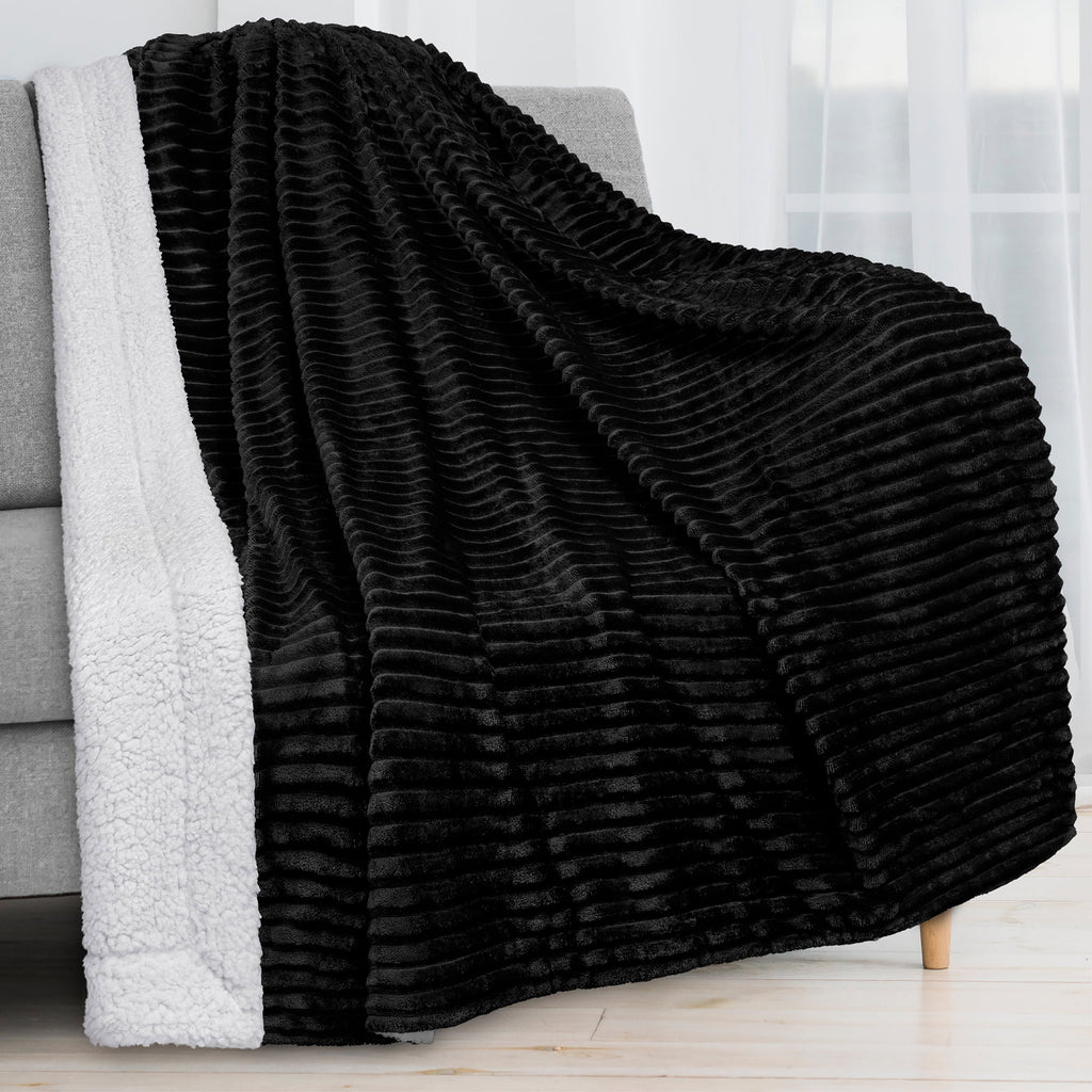 Reversible Sherpa Fleece Throw Blanket Black, Plush Flannel Throw, Ultra Soft Warm Ribbed Microfiber Blanket for Sofa...