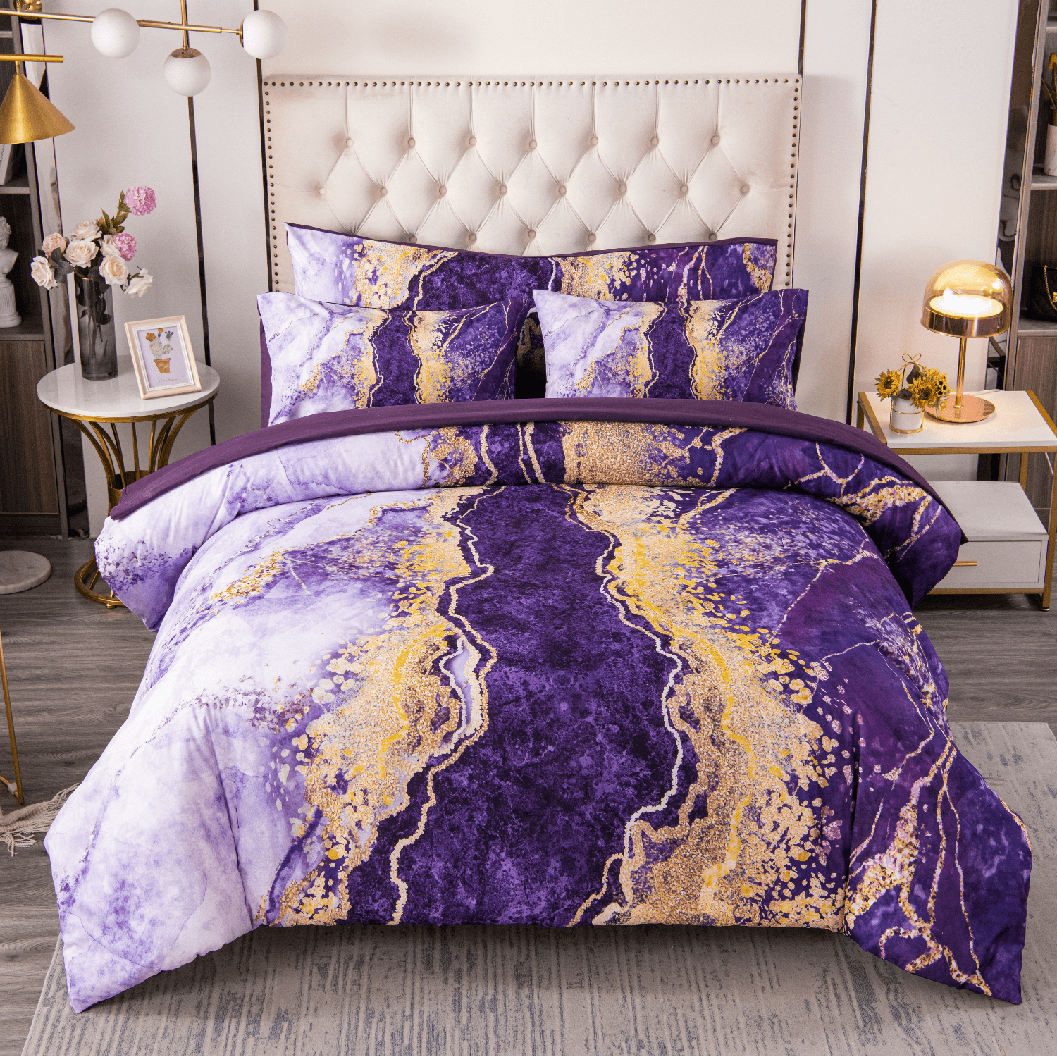 PERFEMET 6 Pieces Queen Size Comforter Set Purple,Watercolor Marble Colorful Purple Bedding,Ultra Soft Purple Bed Set with Comforter and She