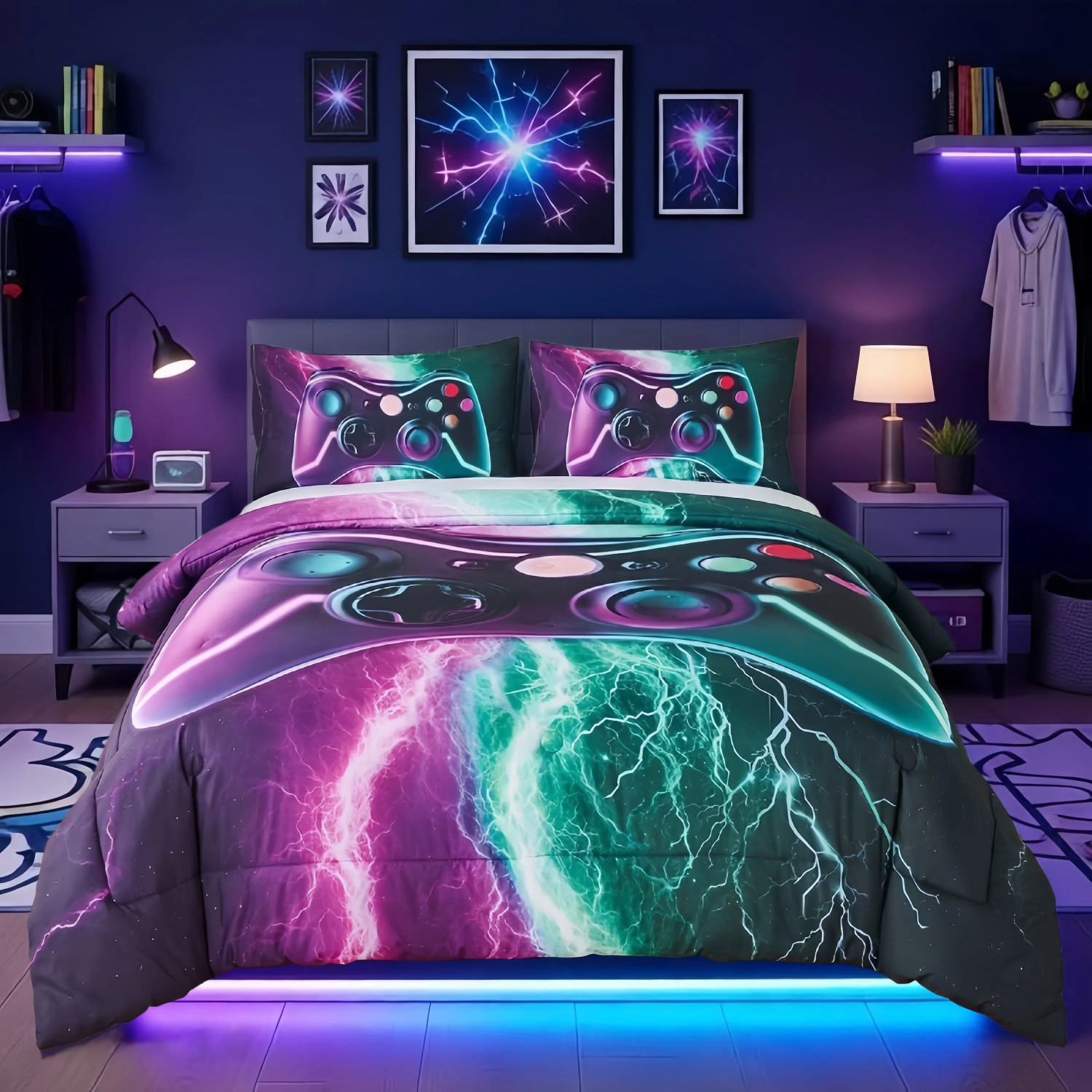PERFEMET Queen Size Gaming Comforter Set for Boys,3-Piece 3D Green Purple Lightning Game Controller Bedding Set for Kids Teens