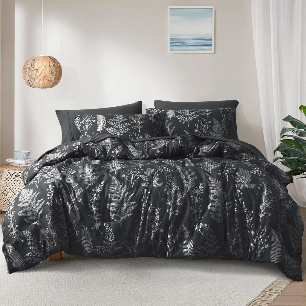 PHF 3 Pieces Printed Comforter Set Queen Size, Lightweight Botanical Floral Bed in a Bag, Ultra Soft Bedding Set with 1 Reversible Comforter