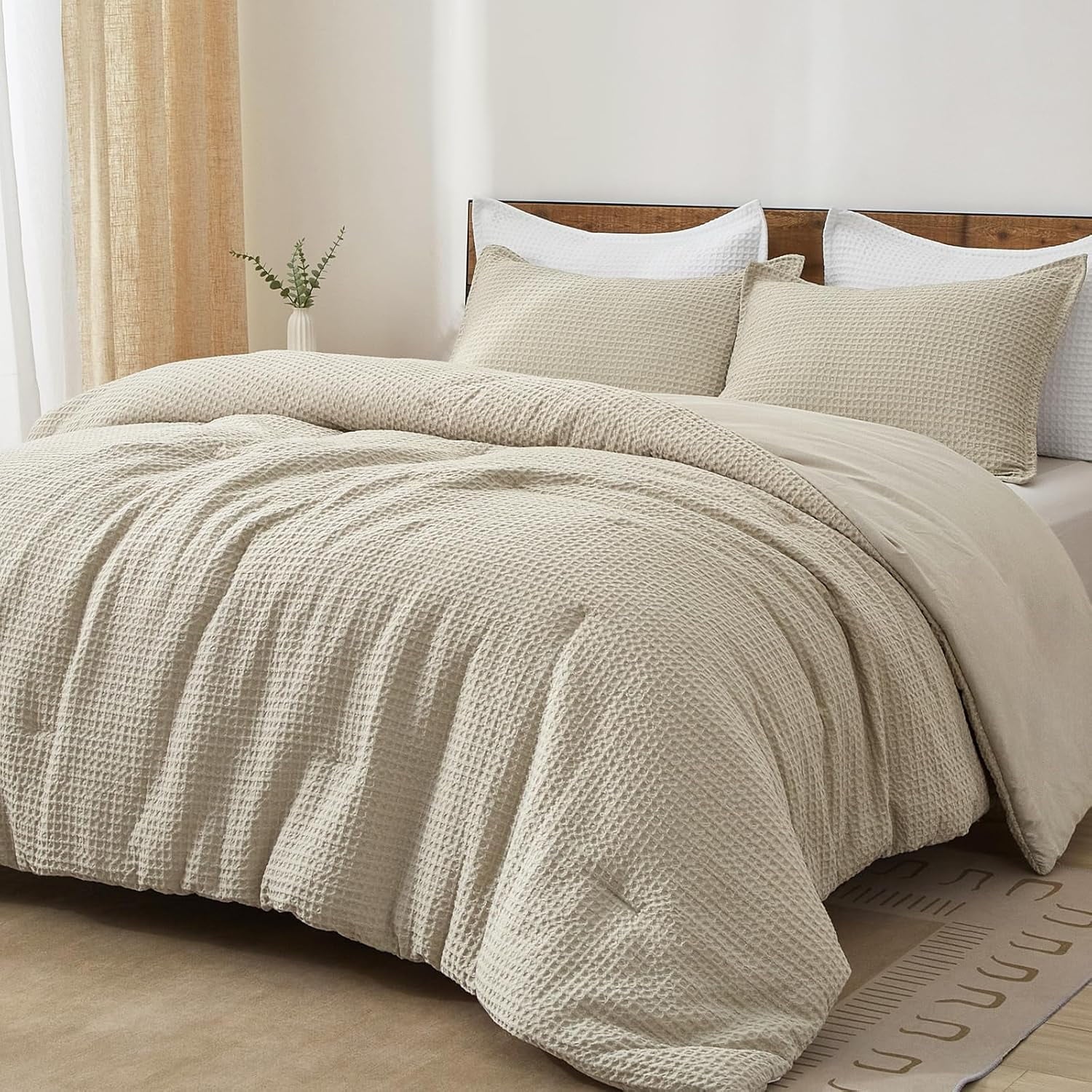 3-Piece Waffle Weave Comforter Set Queen Size, Lightweight Comfy Bedding Set for All Season, Ultra Soft Textured 1 Co...