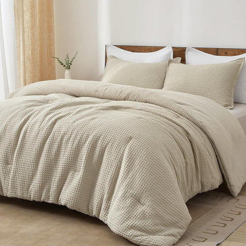 3-Piece Waffle Weave Comforter Set Queen Size, Lightweight Comfy Bedding Set for All Season, Ultra Soft Textured 1 Co...