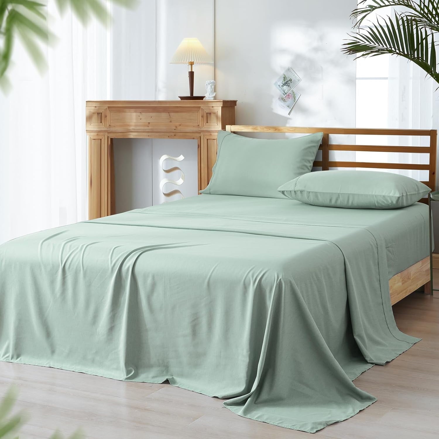 PHF Bamboo Bed Sheet Sets, 4 Pieces King Silky Soft Bedding Sheets, 1800 Thread Count 16 Inch Deep Pockets, Sage Green