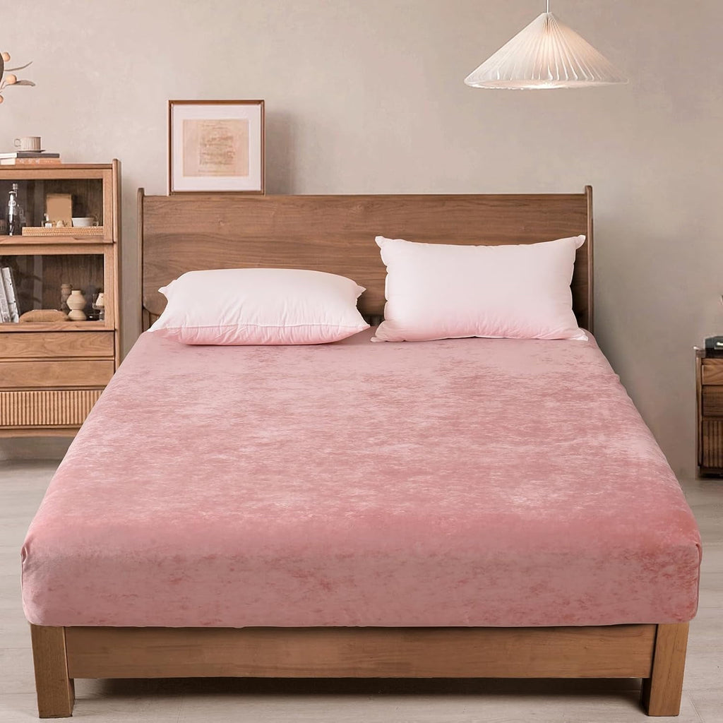 Truly Velvet Fitted Sheet Twin Size, Luxury Super Soft Flannel Bottom Sheet with 15" Deep Pocket for Winter, Pink