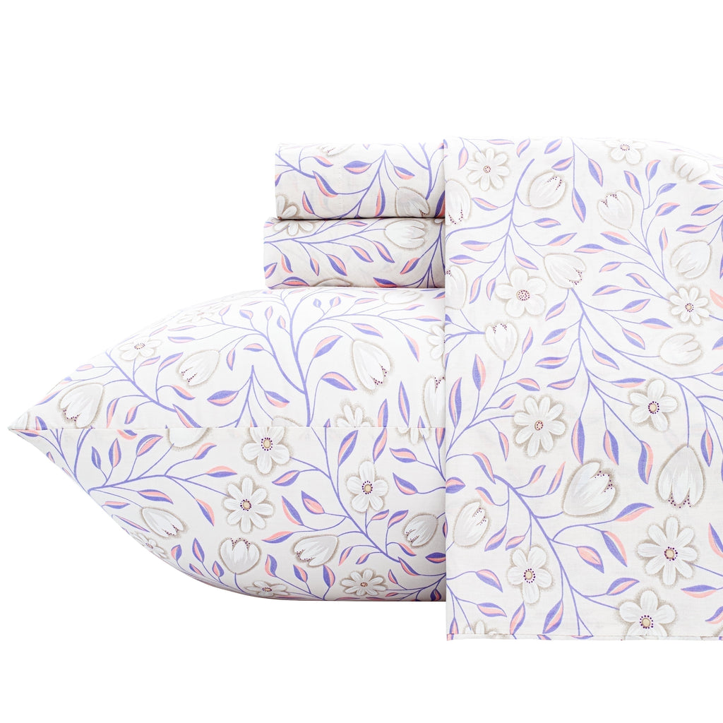 100% Cotton Full Size Sheets,4 Piece Pure Percale Bed Sheets Set Deep Pocket Fits Mattress Upto 15",floral vine pattern