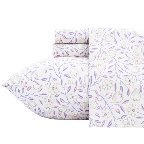 100% Cotton Full Size Sheets,4 Piece Pure Percale Bed Sheets Set Deep Pocket Fits Mattress Upto 15",floral vine pattern