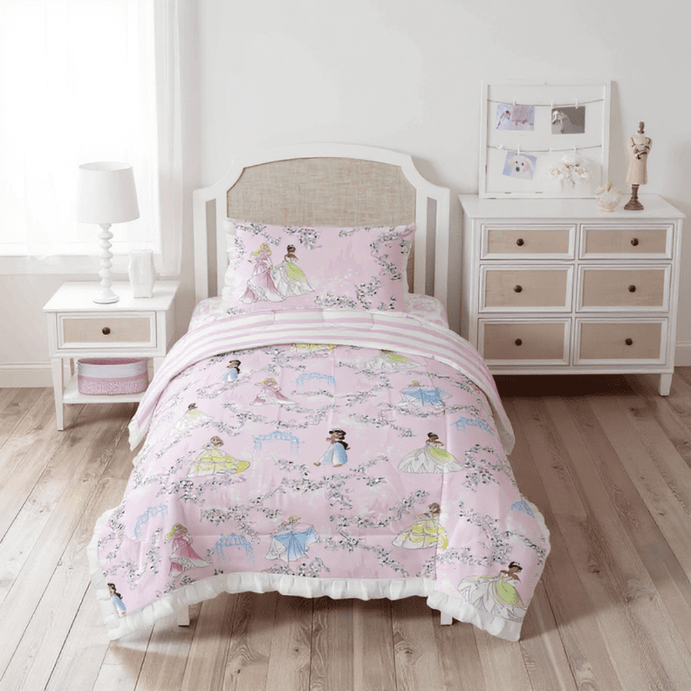 Princess Floral Gardens 2-Piece Twin/Full Reversible Comforter Set, Polyester Microfiber, Pink & White