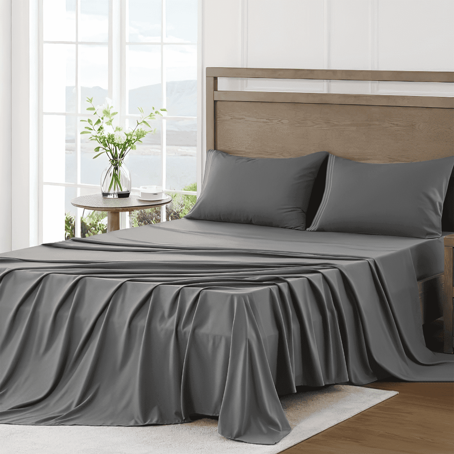 4 Piece Bed Sheet Set, Queen Size Upgraded Cooling Deep Pocket Comfy Breathable Hotel Luxury Bedding, Extra Soft Wrin...
