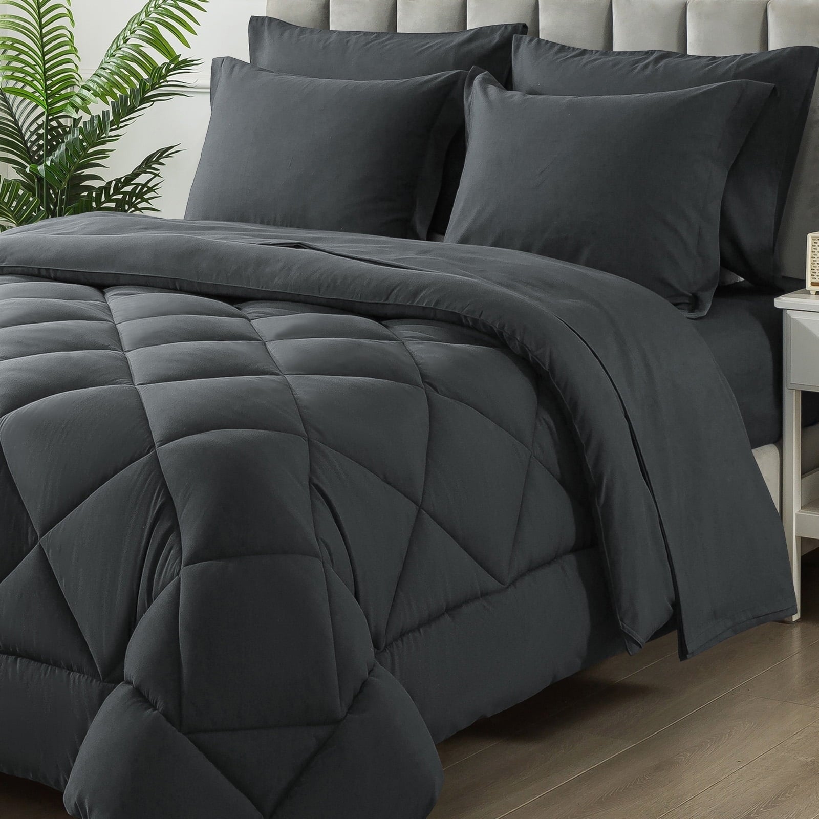Queen Bed in a Bag Comforter Set with 7 Pieces - Dark Gray All Season Bedding Sets with Comforter, Pillow Shams, Flat...