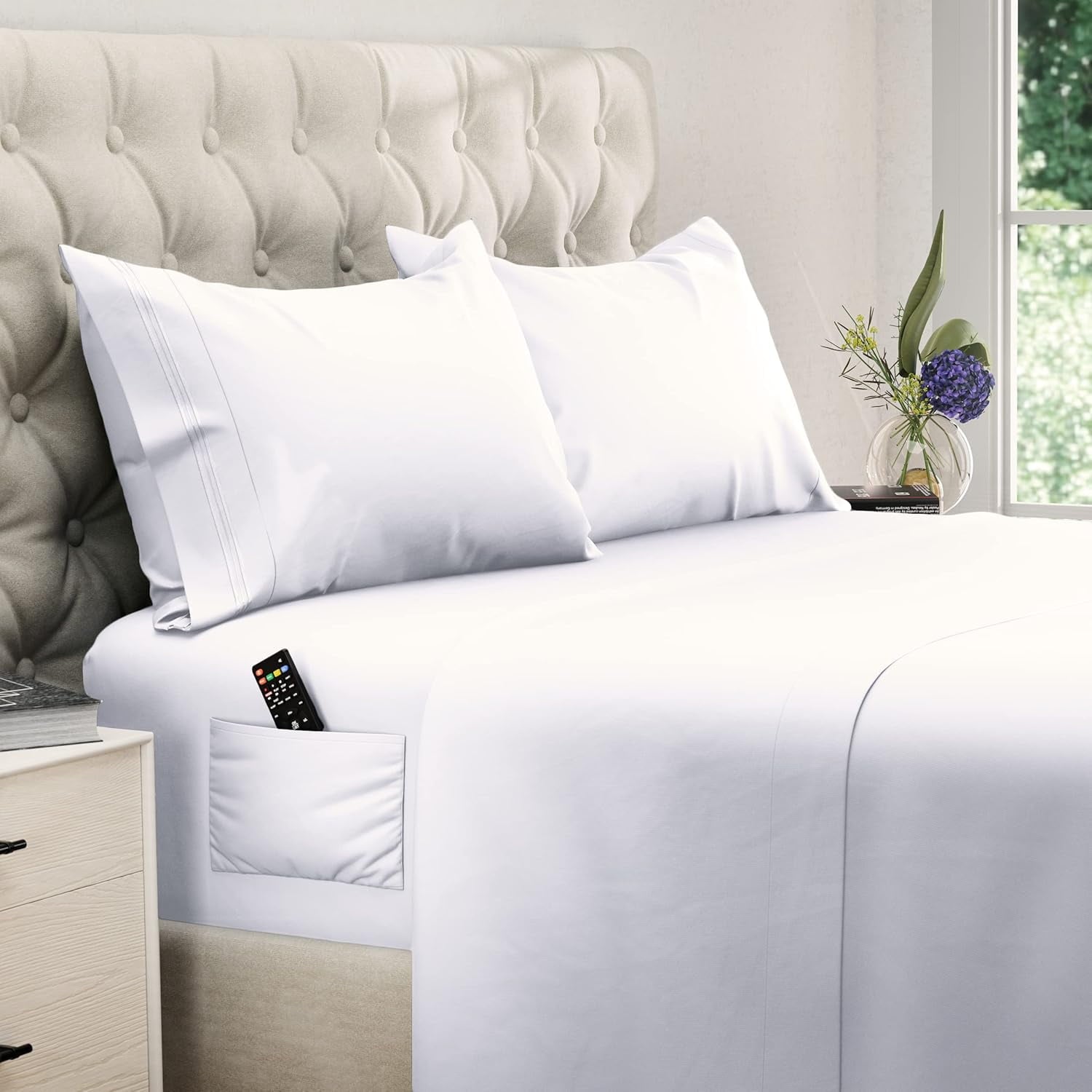 Set, Soft Microfiber 4 Piece Hotel Luxury Bed s with Deep Pockets, Embroidered Pillow Cases, Side Storage Pocket Fitt...