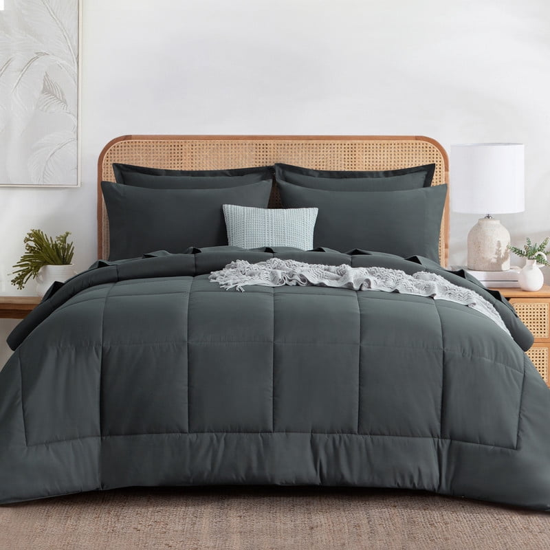 7 Pieces Comforter Set with Sheets - Bed in a Bag with Comforter and All Season Sheets, Pillowcases,Dark Gray,Queen