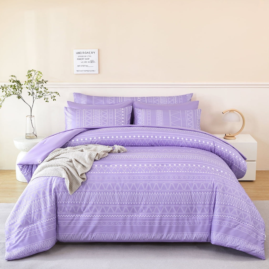 RYNGHIPY 8-Pieces Boho Bedding Set Full Lavender Striped Bed in a Bag for Girls Women Soft Fluffy Purple Comforter Set with Sheet for All Se