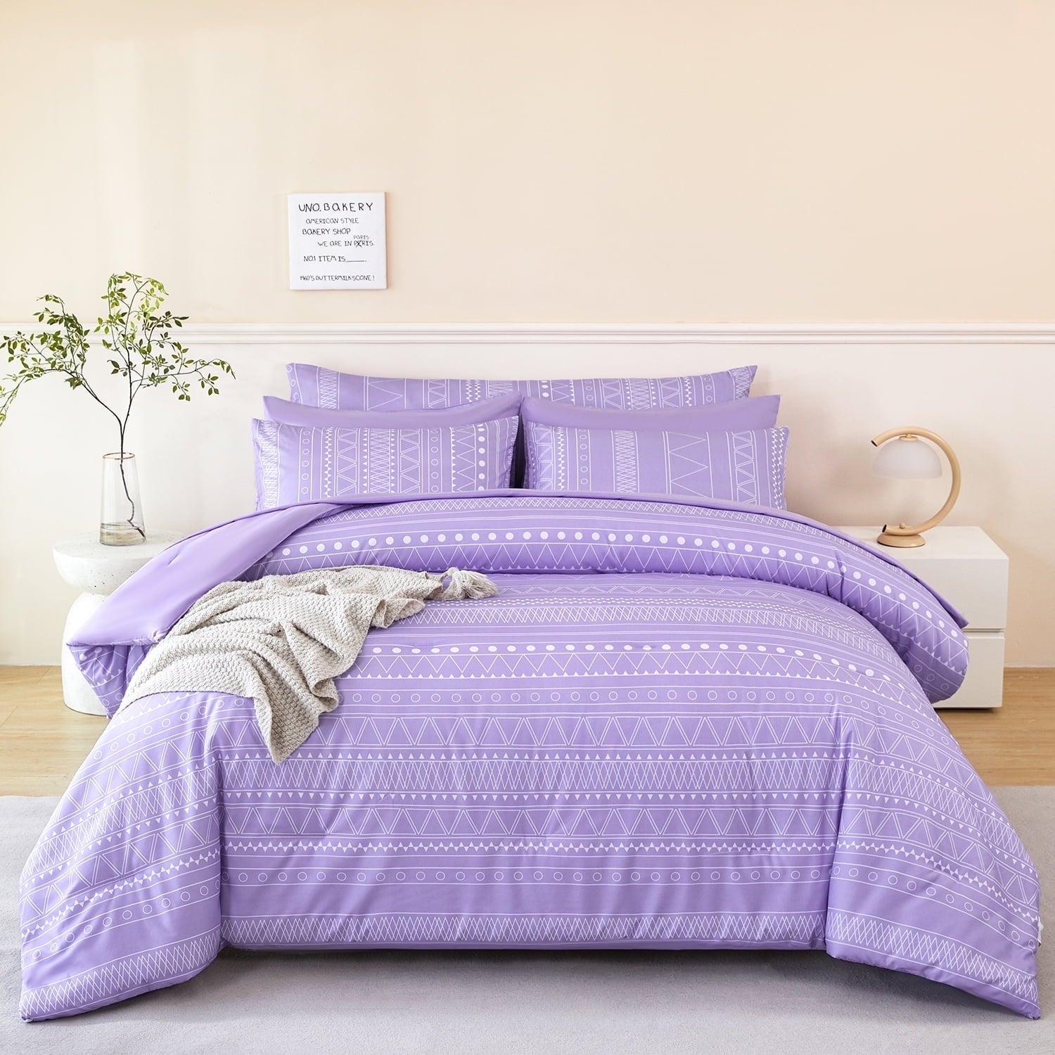 RYNGHIPY 8-Pieces Boho Bedding Set Full Lavender Striped Bed in a Bag for Girls Women Soft Fluffy Purple Comforter Set with Sheet for All Se