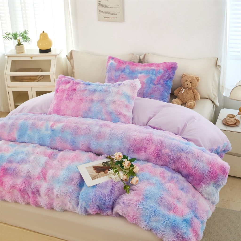 Faux Rabbit Fur Comforter Set Twin 3Pcs Girls Blue Purple Bedding Set Tie-Dyeing Soft Bed Comforter Set Warm Fuzzy Ki...