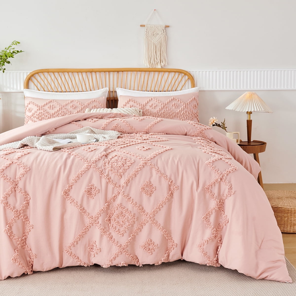 Pink Diamond Jacquard Comforter Set Queen 3 Pcs Bohemian Tufts Quilt Set for Kids Girls Adult 100% Soft Microfiber Be...