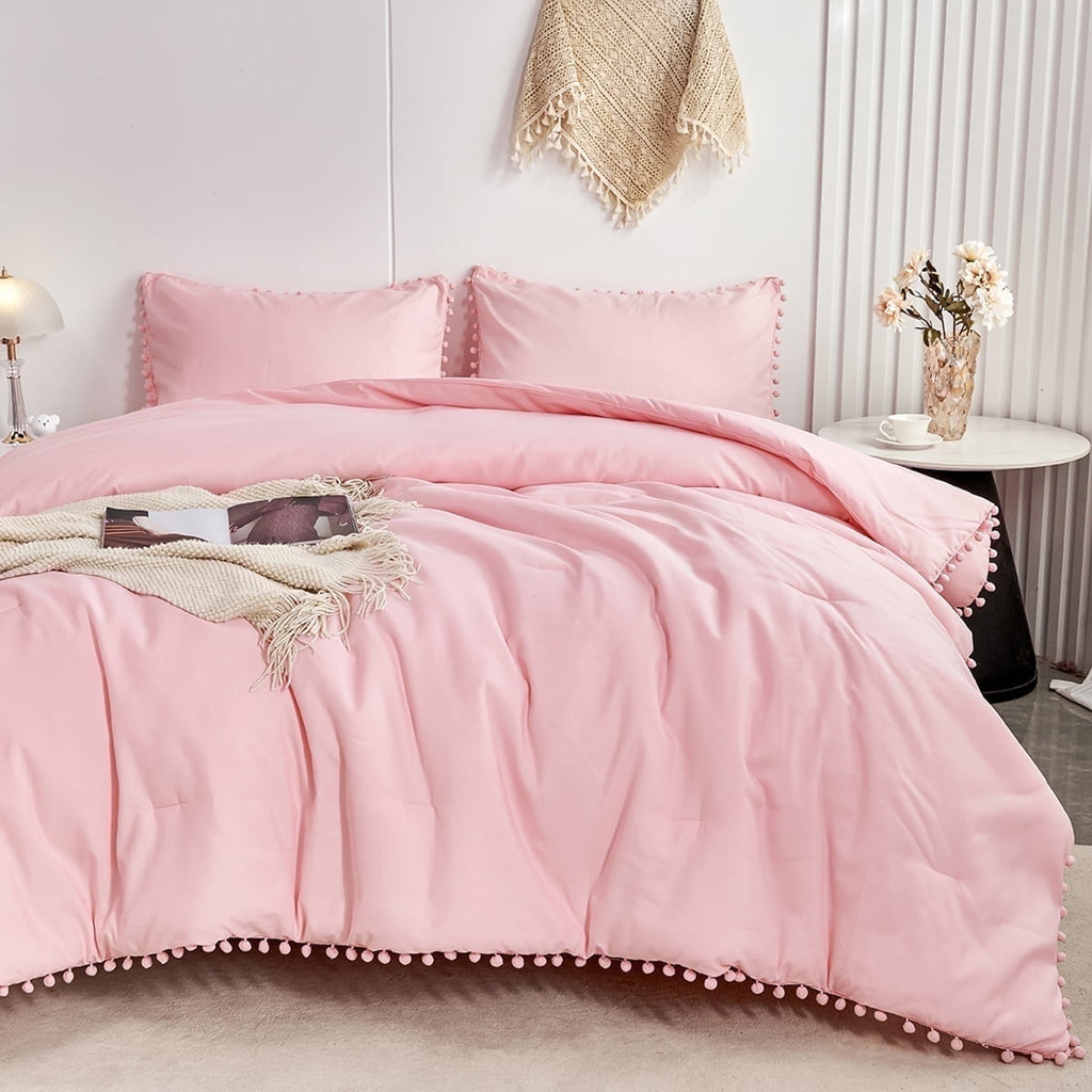 Pink Full Size Comforter Set Pom Fringe 3 Pcs Boho Chic Cute Ball Pom Blush Bedding Set Cali Soft Lightweight Solid B...
