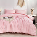 Pink Full Size Comforter Set Pom Fringe 3 Pcs Boho Chic Cute Ball Pom Blush Bedding Set Cali Soft Lightweight Solid B...