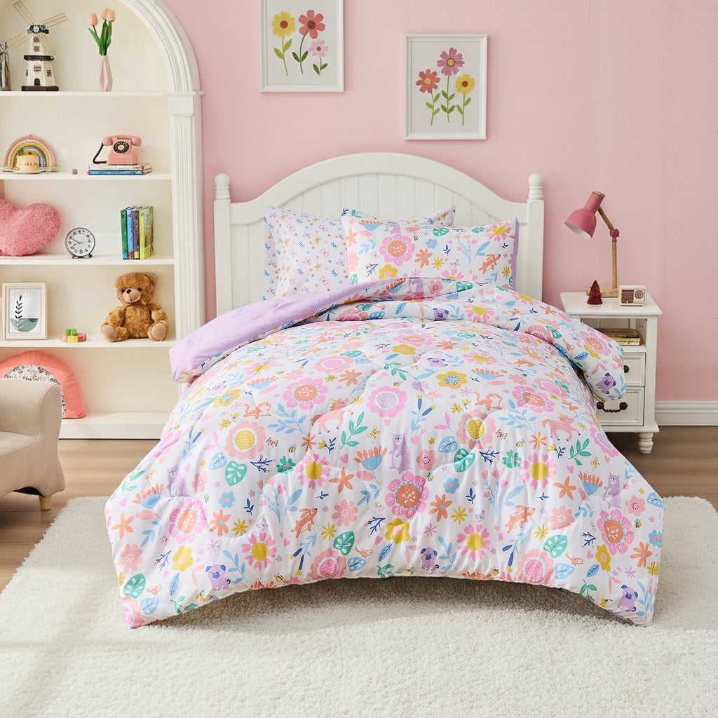 Floral Comforter Set, Soft Microfiber Flower Bedding Set, 5 Pieces with Comforter, Sheets and Pillowcases, Twin