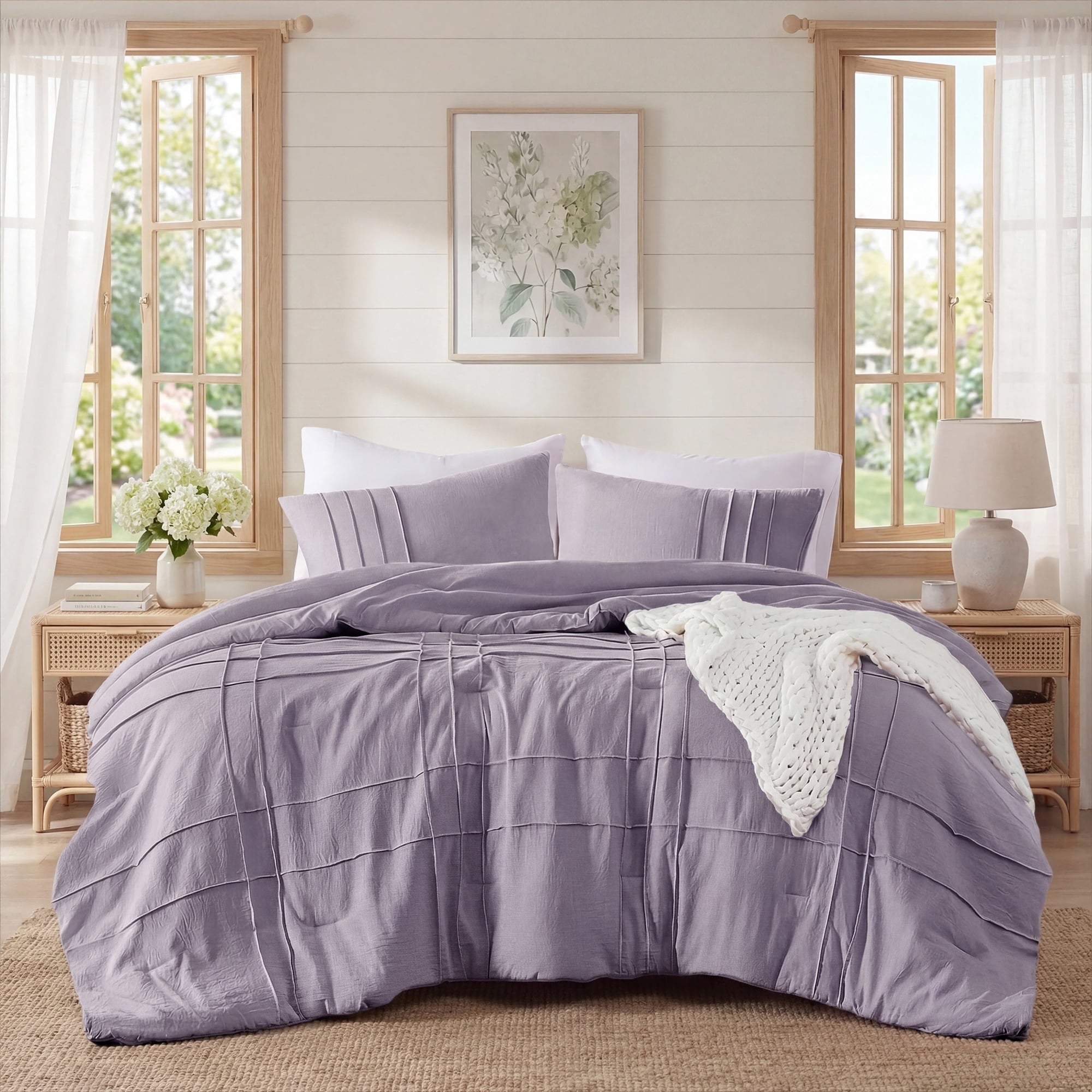 Full/Queen Comforter Set, Boho 3-Piece Pintuck Stitching Bedding Set, Soft Washed Pleated Bed Sets with Pillow Shams,...
