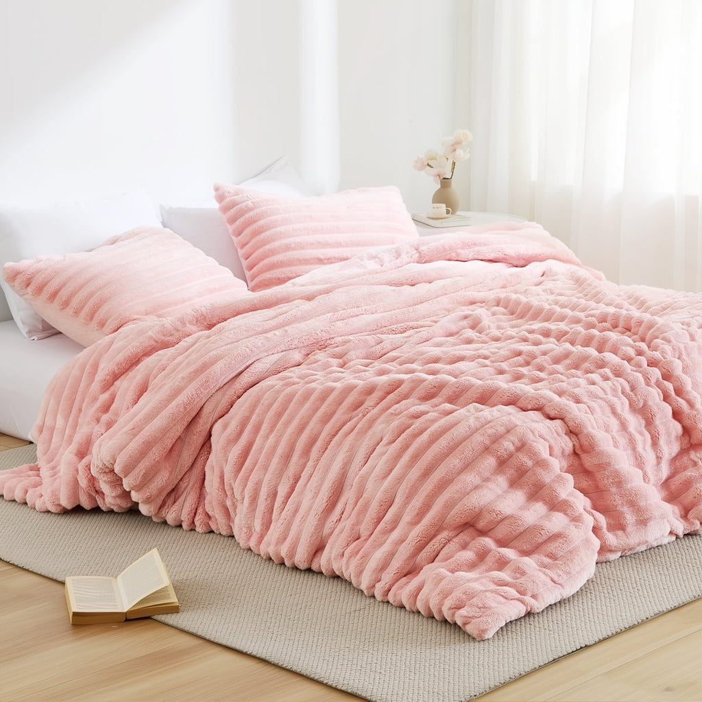 Full/Queen Size Comforter Set, Fluffy Ribbed Plush Comforter Set, 3-Piece Bedding Set, Pink